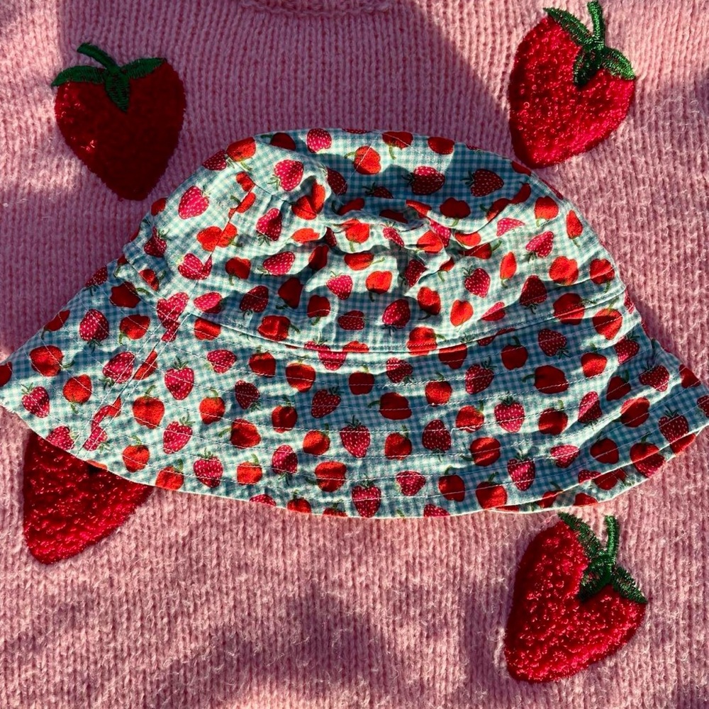 Blue gingham with red strawberries bucket hat